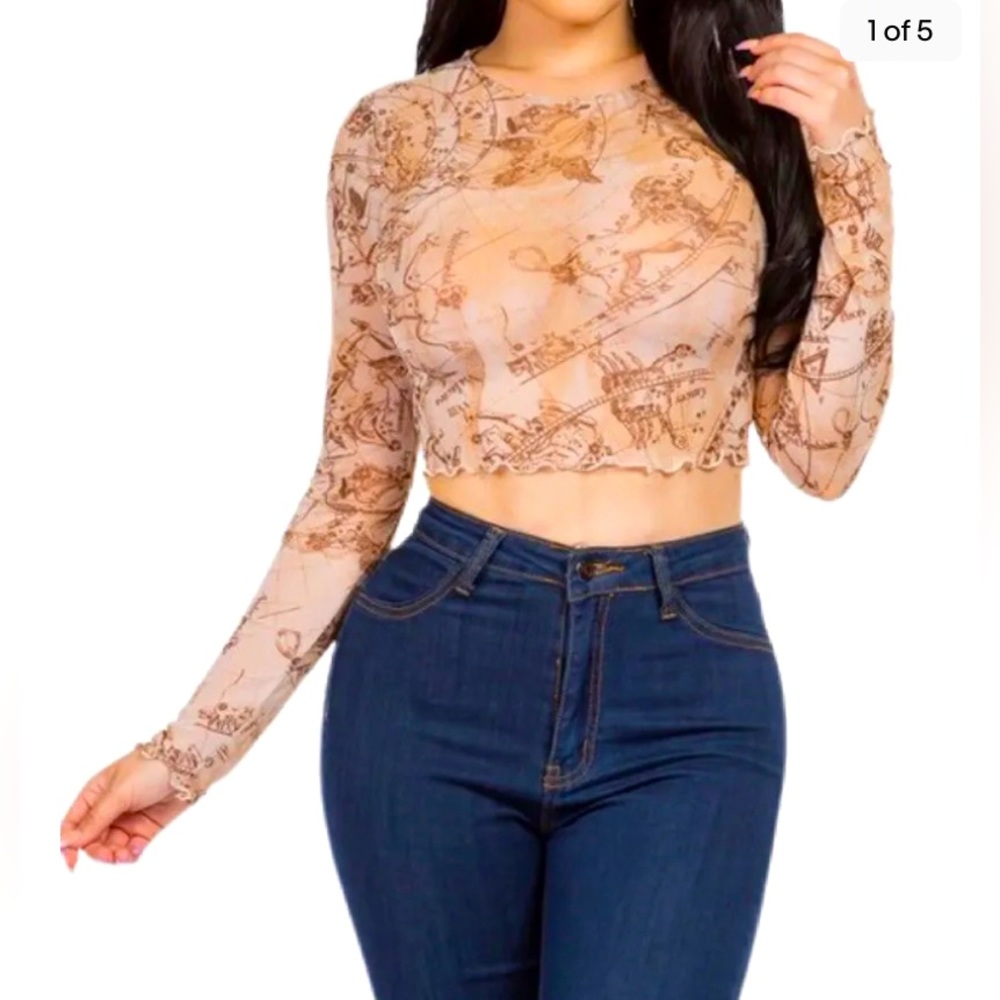 LONG SLEEVE HOROSCOPE Arrow PRINTED MESH CROP TOP rave party new Cropped Y2K V2K